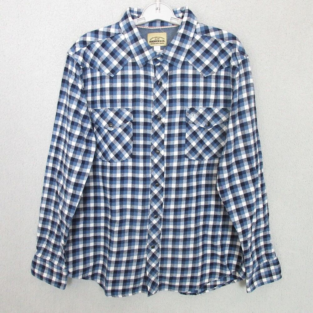 VTG Roebuck & Co Shirt Mens XL Blue Plaid Long Sleeve Snap Western Flannel Shirt